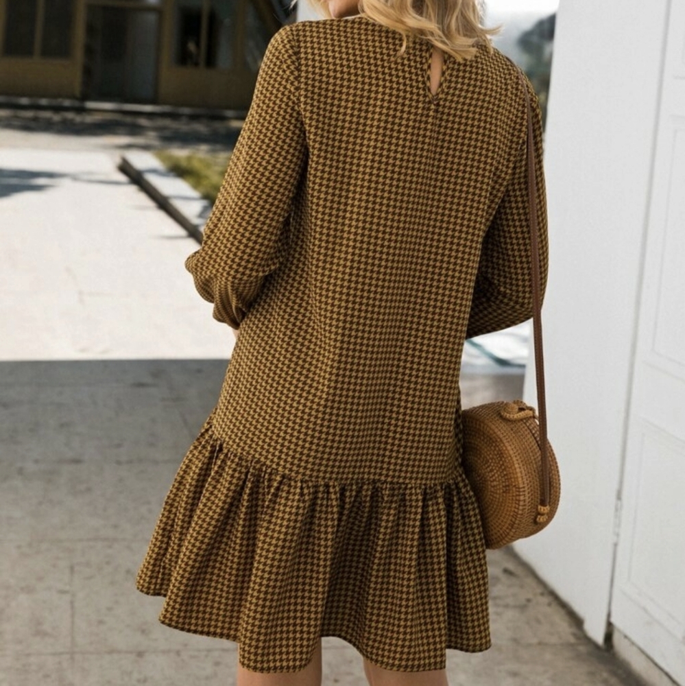 Mustard houndstooth ruffle hem dress - Picture 2 of 10